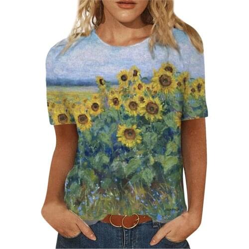 Women 3D Landscape Painting Positioning Sunflower Print T Shirt 2021 New Summer Vintage Casual Short Sleeve O-Neck Plus Size Top
