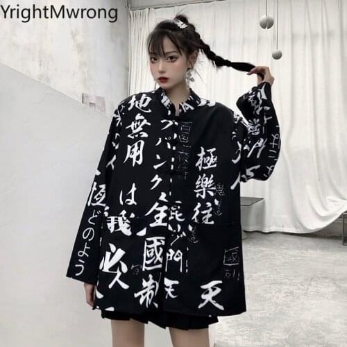 Long Sleeve Button Outfit Autumn Loose Japanese Letter Print Dark Blouse Streetwear Woman Man Harajuku Shirt Korean Hip Hop Punk
