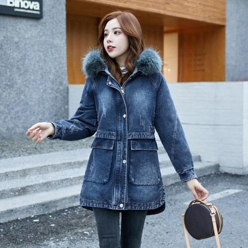 Plus Velvet Denim Parkas Womens Mid-Length 2020 Autumn Winter New Wild Small Fragrance Thick Cowgirl Padded Coat Female E438