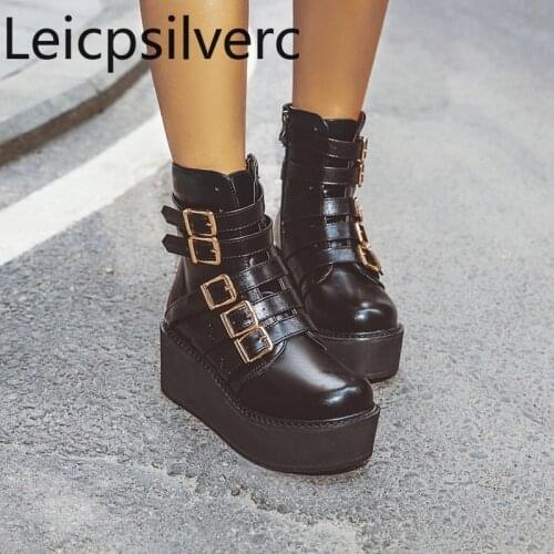 Womens Boots Autumn And Winter The New Round head zipper belt buckle Wedge High heel Short tube Womens shoes plus size 33-46