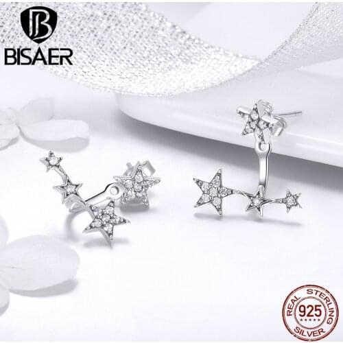 BISAER Luminous 925 Sterling Silver Zircon Earrings Star Galaxy Silver Stud Earrings for Women Sterling Silver Jewelry ECE448