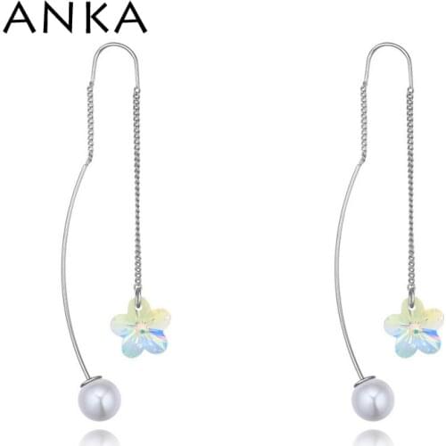 ANKA trendy simple long earring new flower crystal pearl drop earrings for women weddings jewelry Crystals from Austria #26307