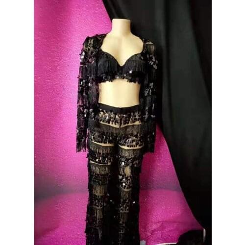 Women Black Sequins Mesh Bra Tassel Sleeve Jacket Pants Lady Singer Stage Wear Sexy 3 Pieces Set Singer Dancer Nightclub Costume