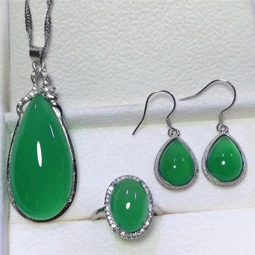 Jadery 925 Sterling Silver Necklace/Earrings/Ring Natural Red Green Jade Jewelry Sets For Women Female Party Fine Jewelry 2019