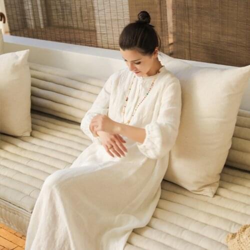 2020 summer new cotton and linen womens clothing literature and art embroidery linen long dress 9 / 3 sleeve loose travel Robe