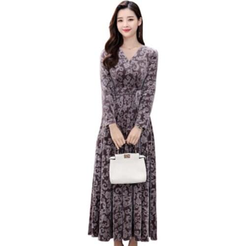 Golden velvet Winter Dress Chiffon Dress 2020 high quality V-neck Printed Dress