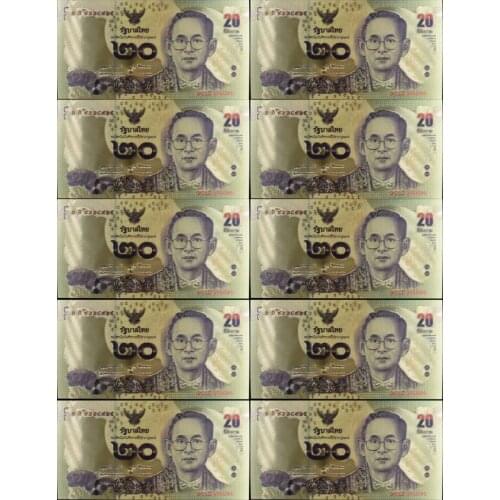 10pcs/lot 24K Colored Thailand 20 Baht Gold Foil Banknote Boutique Crafts Suitable for Decoration and Collection
