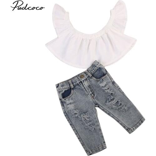 2017 Brand New Toddler Infant Kids Baby Girls Flutter Off Shoulder Tops Holes Denim Pants 2Pcs Outfits Fashion Clothes 6M-4T