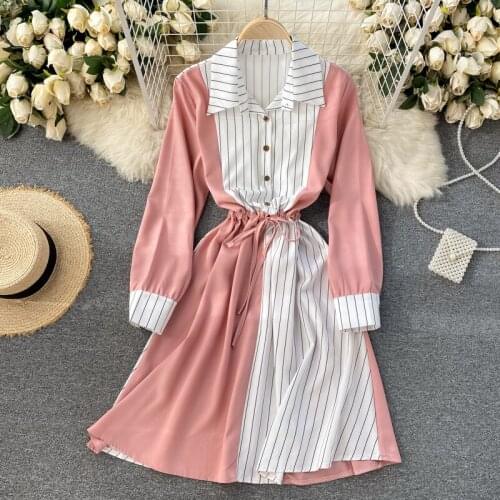 2021 Summer Womens Dress Korean Style College Style Lapel Stripe Stitching Dress New Waist Belted Female Dresses HH147