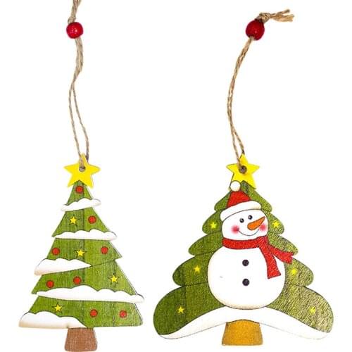 Christmas Tree Shaped Wooden Painted Hanging Cards Snowman Ornament Christmas Decoration Hanging Pendant