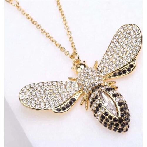 Brand 1:1 Elegant Design Three-dimensional Golden Bee Sweater Chain Full of Diamonds Insect Long Necklace Pendant Silver Jewelry