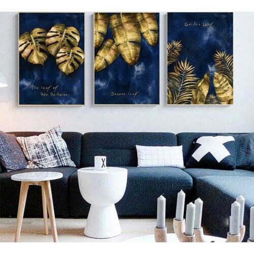 Golden Leaf Wall Art Prints Canvas Paintings Blue Posters Luxury Wall Art Decorative Wall Art Prints Living Room Home Decor