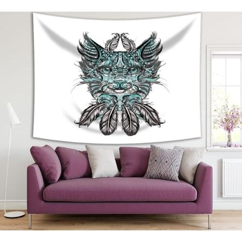 Tapestry Cat Head and Feathers Domestic Animal Ethnic Symbol Cartoon Artwork Black White Green