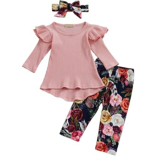 Pretty Infant Baby Kids Clothes 3PCS Ruffles Sleeve Pink Pullover Tops+Floral Pants+Headband 2019 Autumn Winter Cute Baby Sets
