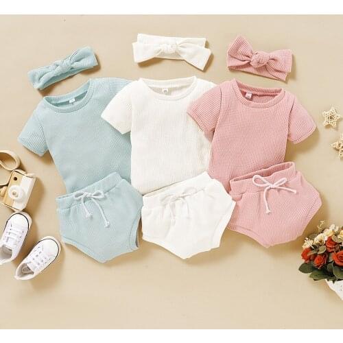 Citgeett Summer Solid Baby Girl Newborn Infant Knitted Outfit Cotton T-shirt Shorts Headband Casual Set