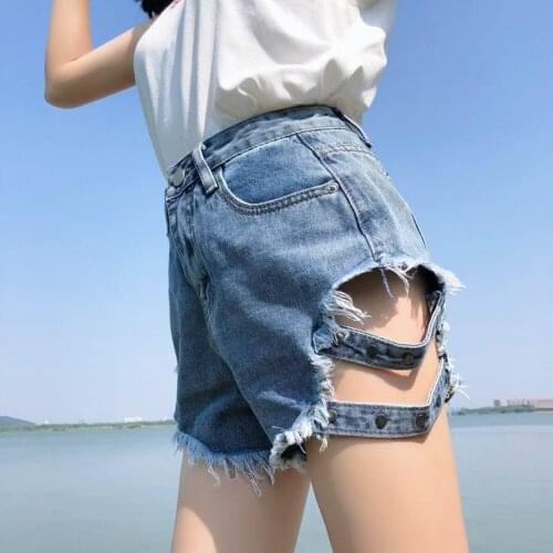 Hot Sale Summer Women Sexy Hole Denim Shorts High Waist Elastic Irregular Tassel Button Pocket Slim Shorts Jeans S-xl 2021 New