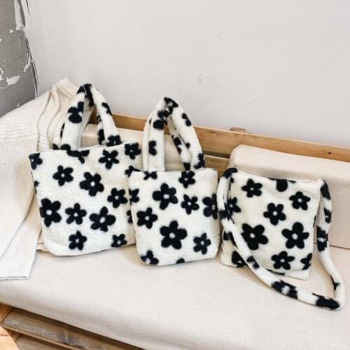 Fashion Flower Printed Bags Autumn Plush Soft Fluffy Handbag for Women New Casual Top-handle Satchel Street Shoulder Shopper Bag