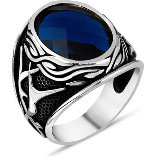 Men Silver Ring With Oval Blue Zircon Stone and Modern Motif Made In Turkey Solid 925 Sterling Silver