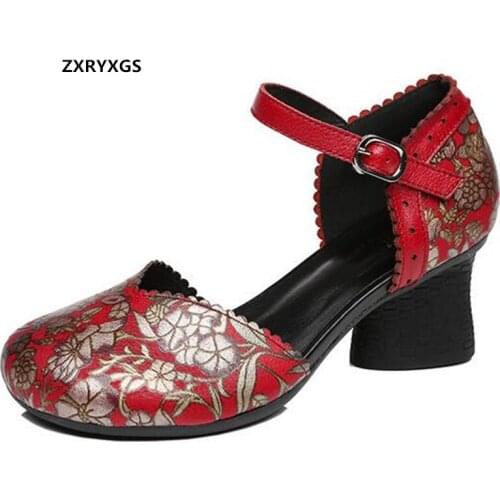 2021 New Summer Classic Print Genuine Leather Sandals Round Toe Side Air Women Fashion Sandals Banquet Wedding High Heel Sandals