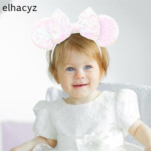 New Cute Plain White Headband Glitter Mouse Ears Sequins Hair Bow For Girls Festival Women Party Hairband Kids Hair Accessories