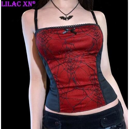 Sexy Black Zipper Lace Cross Strap Crop Top Camisole Goth Backless Spider Web Bodycon Corset Tops Camis Women Summer Clothing