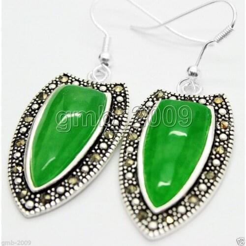 18*30mm Natural green Natural Stone Marcasite Tibetan Silvers Drop Earrings