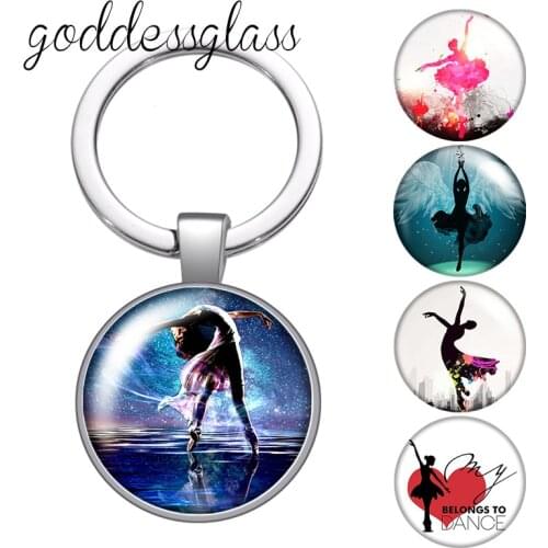 Dancing Girl Ballet gymnastics actions Round glass cabochon keychain Bag Car key chain Ring Holder Charms keychains for gift