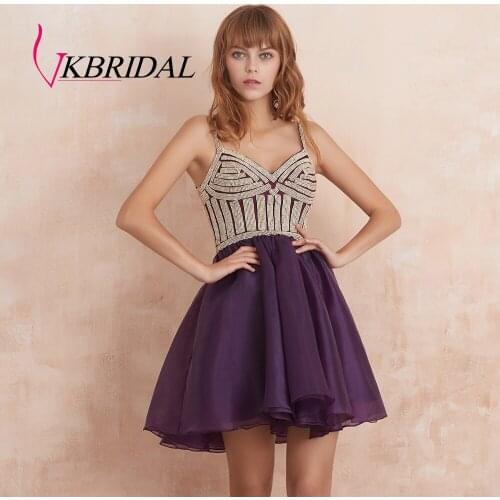 VKBRIDAL Sexy Straps Short Prom Dresses 2019 Fashion Crystals Lace Up Organza Homecoming Dress for Juniors