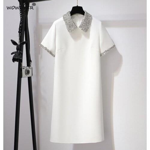 Luxury Diamonds Runway Summer Dress Plus Size Woman Clothes Elegant Short Sleeve Solid White Black Loose Waist Casual Vestidos