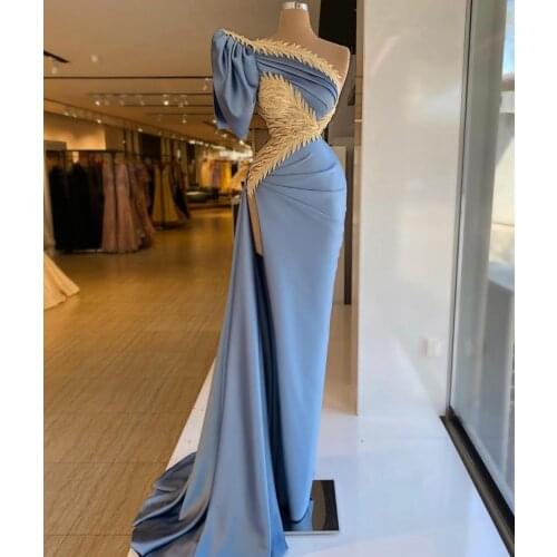 Robe De Soiree One Shoulder Prom Dresses Light Blue Long Sleeve Mermaid Side Split Formal Dubai Middle East Evening Party Gown