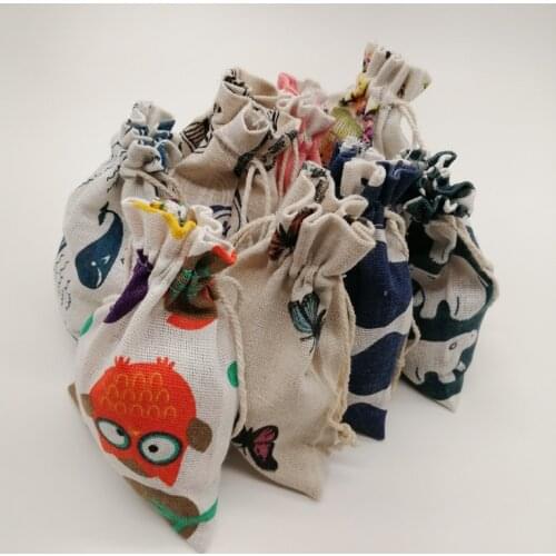 10pcs Pattern Style Jute Bag Sack Cotton Bag Drawstring Christmas Gift Bags for Jewelry Gift Packaging Bags Wedding Pouches Diy