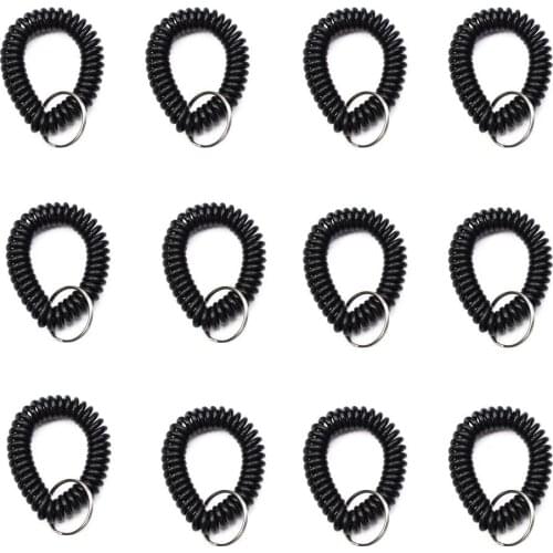 12 Black Coolor Stretchable Plastic Bracelet Wrist Coil Wrist band Key Ring Chain Holder Tag