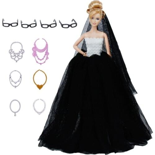 12 Pcs / Lot = 1x High Quality Wedding Party Dress + 1x Lace Veil + Random 6x Necklaces + 4x Glasses Clothes for Barbie Doll Toy