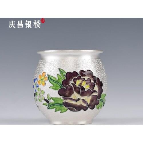 999 Silver Tea Cup Kung Fu Tea Set Coffee Cup Tea Ceremony Cloisonne Purple Peony Cup Silver Cup