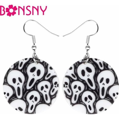 Bonsny Acrylic Halloween Round Skull Earrings Big Skeleton Dangle Drop Jewelry For Women Kid Friend Classic Festival Gift Charms