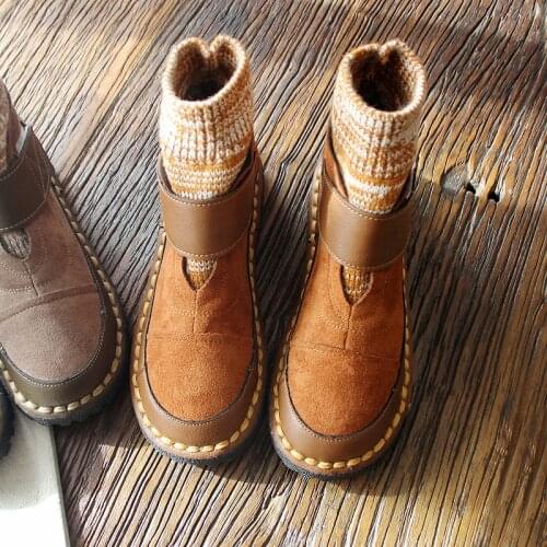 Mori Girl Women Boots Fashion Slip On Winter Autumn Retro Boots Fleece Warm Ankle Fashion Casual Vintage Women Shoes