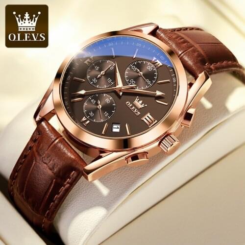 OLEVS 2021 Premium Brand Mens New Watch Fashion Casual Brown Leather Strap Quartz Movement Hand Watch 2872