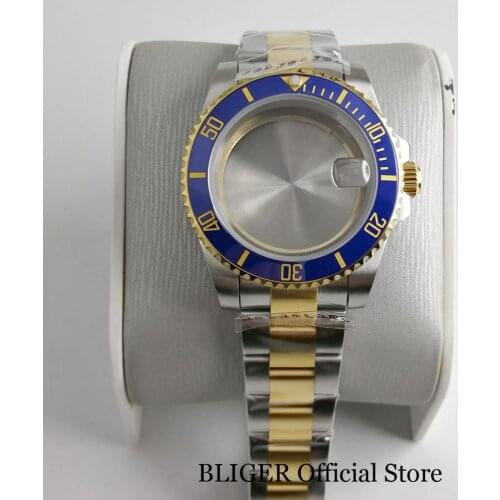 Gold Coated 40MM Watch Case with Blue Bezel Sapphire Glass + Olyster Bracelet Fit ETA 2836 MIYOTA Movement