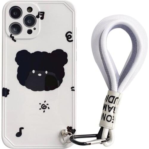 Black Cartoon Bear Handle String Case for iPhone 12 Pro Max Back Phone Cover for 12 11 Pro Max X XS XR 8 7 Plus SE 2020