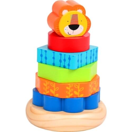 Lion Rainbow Stacking Tower Blocks Baby Toy Montessori Wooden Animals Building Block Game Educational Puzzle Toys For Child