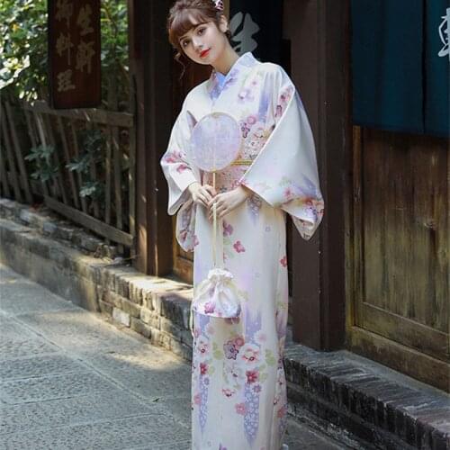 Womens Japan Style Yukata Traditional Japanese Kimono Beige Color Floral Prints Bathrobe Cosplay Dress Performing Wear