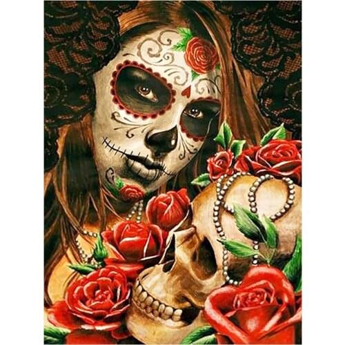 Red Rose Woman Skull Diamond Painting Round Full Drill DIY Mosaic Embroidery 5D Cross Stitch Halloween Portrait Picture