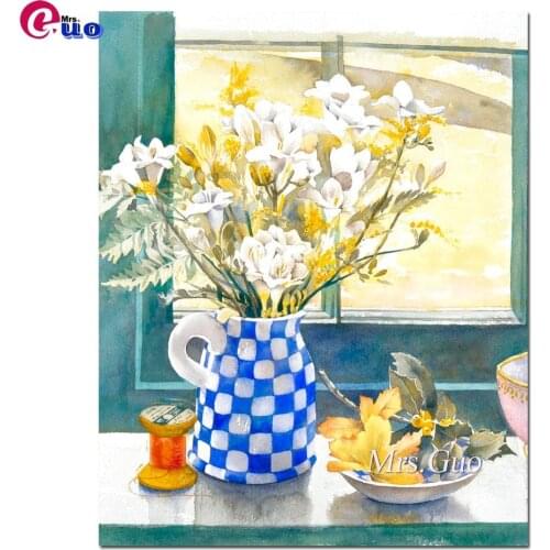 Freesias And Chequered Jug Diamond Painting Flowers Mosaic Full Square Round Drill Home Decor Diamond Embroidery Handmade Gift
