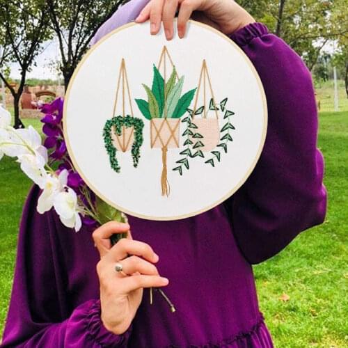 DIY Stamped Embroidery Starter Kit with Flowers Plants Pattern Embroidery Cloth Color Threads Tools Kit