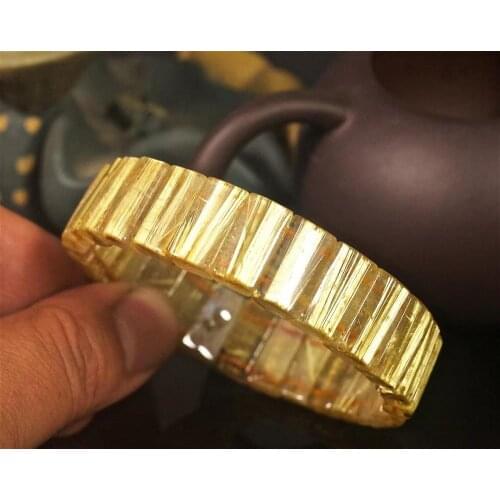 Natural Titanium Rutilated Quartz Bangle From Brazil Bracelet Jewelry 16x6mm Luxury Crystal Yellow Golden Rectangle Beads AAAAA