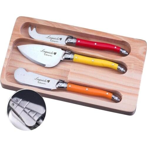 New Laguiole Style 3-Piece Cheese Knives Spreader w/ MultiColor Handles Jam Butter knife Set in Wooden Box LG06 Free shipping