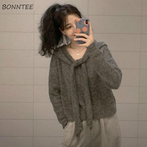 Pullovers Women Hooded Lace Up Solid Loose Knitting Simple All-match Soft Daily Korean Style Grey Fashion Student Female Sweater