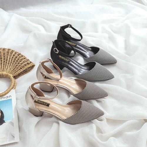 Closed toe sandals thick heels summer woman shoes shallow fairy girl cover heels sandalia feminina pointy toe all match footwear