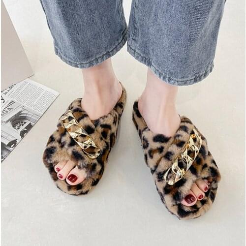 Fashion Leopard Slippers Women Winter Shoes Platform Flats Furry Slipper House Slides Female Faux Fur Short Plush Warm Flip Flop