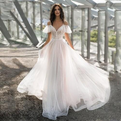 Shimmer Tulle Princess Wedding Dress 2021 V Neck Beach Champagne Lining Backless Beading Bridal Gowns Real photo Bride To Be